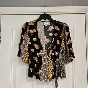 Blue Rain Floral Wrap Blouse - Black, Yellow, and Orange